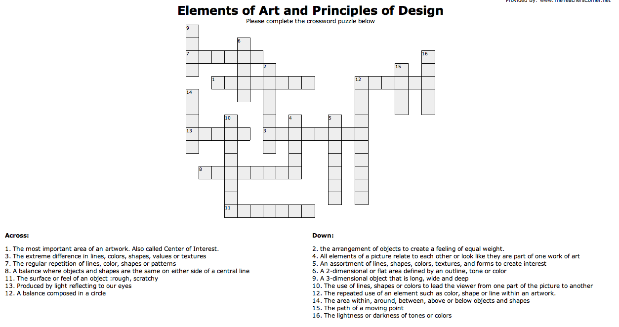 Elements of Art and Principles of Design Crossword WordMint